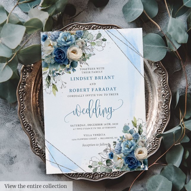 Invitation Rustique Dusty Rose argent (Rustic Dusty Blue Silver Roses Wedding Invitation)