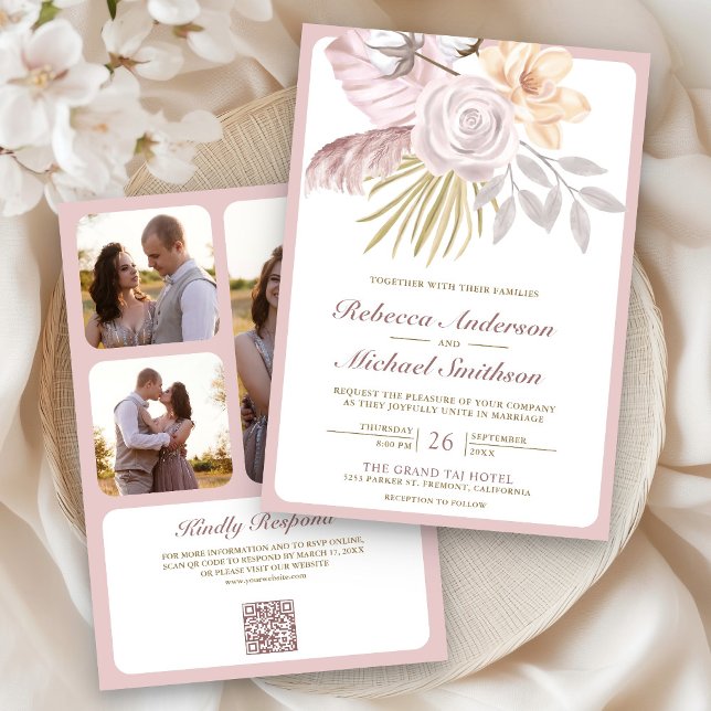 Invitation Rustique Dusty Rose rose Floral QR Code Mariage (Créateur téléchargé)