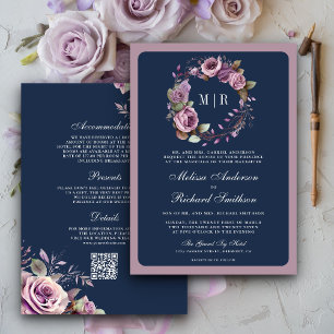 Invitation Rustique Dusty violet Floral Navy QR Code Mariage