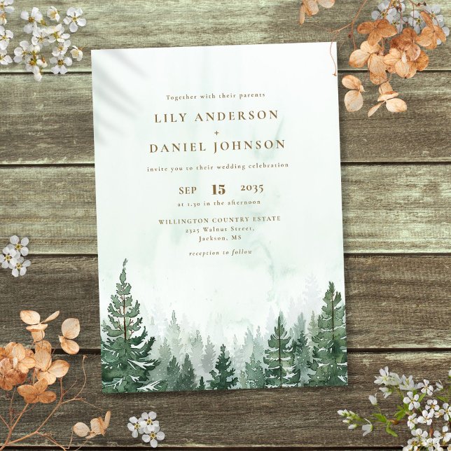 Invitation Rustique Elégant Aquarelle Pine Tree Mariage (Rustic Elegant Watercolor Pine Tree Forest Wedding Invitation)