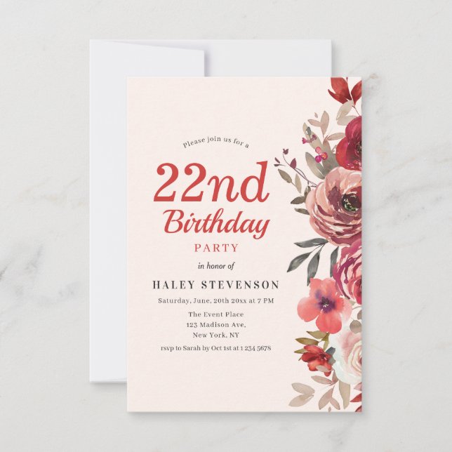 Invitation Rustique Élégant Bohème Chic Floral 22e Anniversai (Devant)
