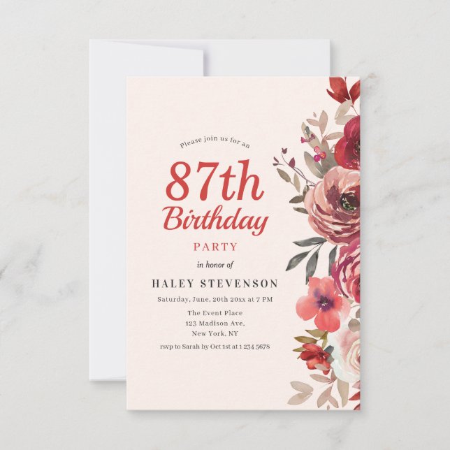 Invitation Rustique Élégant Bohème Chic Floral 87e Anniversai (Devant)