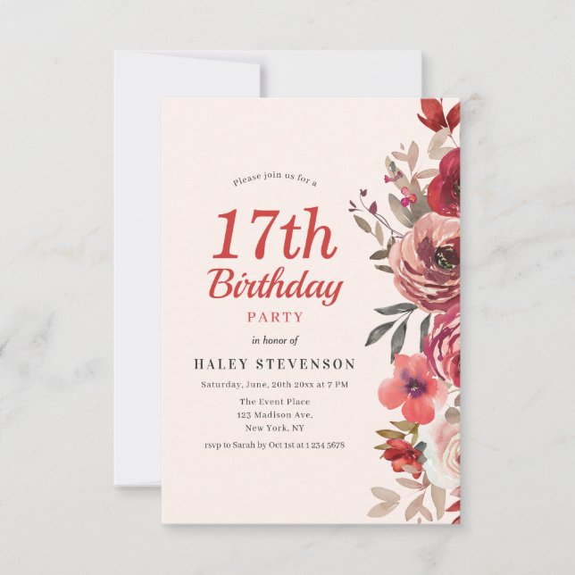 Invitation Rustique Elegant Boho Chic Floral 17e anniversaire (Devant)