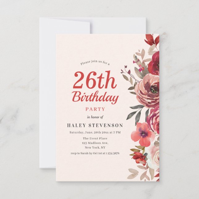 Invitation Rustique Elegant Boho Chic Floral 26e anniversaire (Devant)