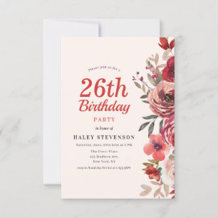 Invitation Rustique Élégant Boho Chic Floral 26e Anniversaire