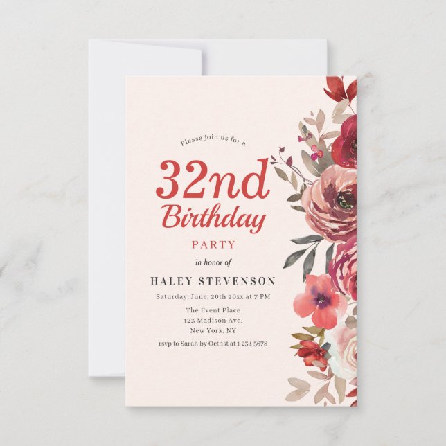 Invitation Rustique Elegant Boho Chic Floral 32e anniversaire (Devant)