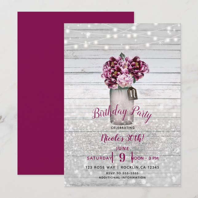 Invitation Rustique Élégant Fleurs en Jarres de Maçon en Bois (Devant / Derrière)