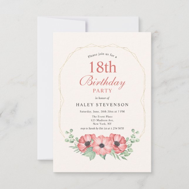 Invitation Rustique Élégant Fleurs Rose Pâle 18e Anniversaire (Devant)