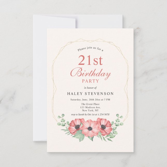 Invitation Rustique Élégant Fleurs Rose Pâle 21e Anniversaire (Devant)
