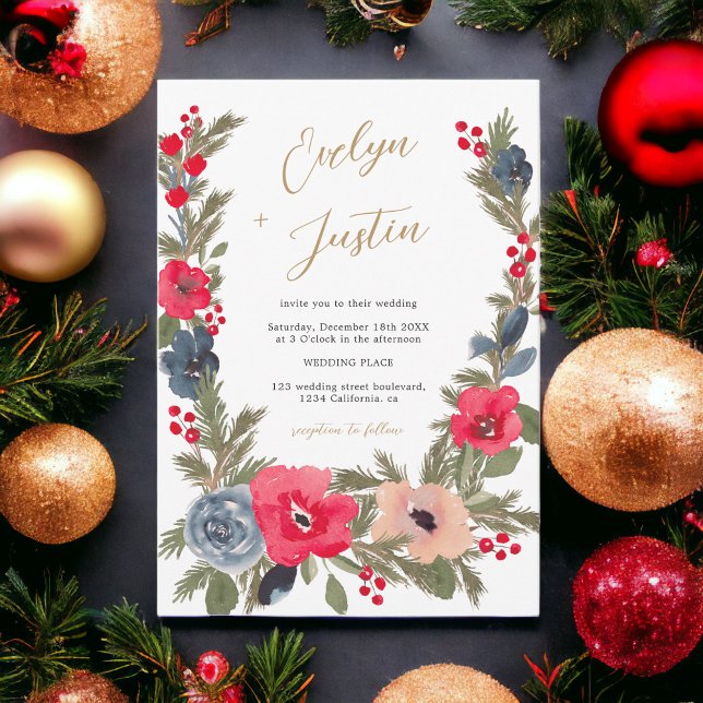 Invitation Rustique Elégant hiver Floral Mariage (Rustic Elegant Winter Floral Watercolor Wedding Invitation)