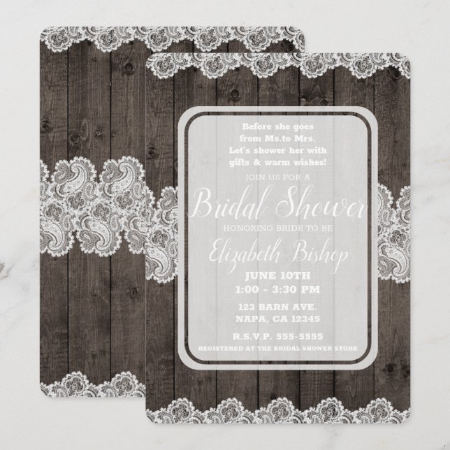 Invitation Rustique Élégant Mariage avec Bois Foncé et Dentel (Devant / Derrière)
