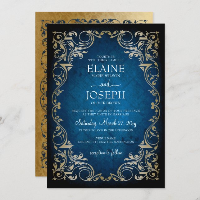 Invitation Rustique Elegant Marine et Mariage d'or (Devant / Derrière)