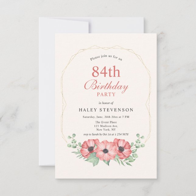 Invitation Rustique Élégant Rose Pâle Floral 84e Anniversaire (Devant)