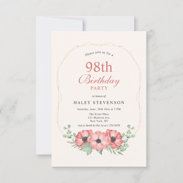 Invitation Rustique Élégant Rose Pâle Floral 98e Anniversaire (Devant)