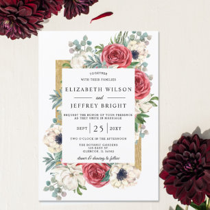 Invitation Rustique Elegant Rouge et or Floral Blanc Mariage