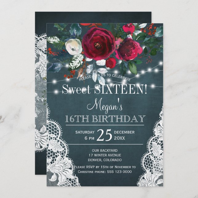 Invitation Rustique élégant sweet sixteen floral bordeaux (Devant / Derrière)