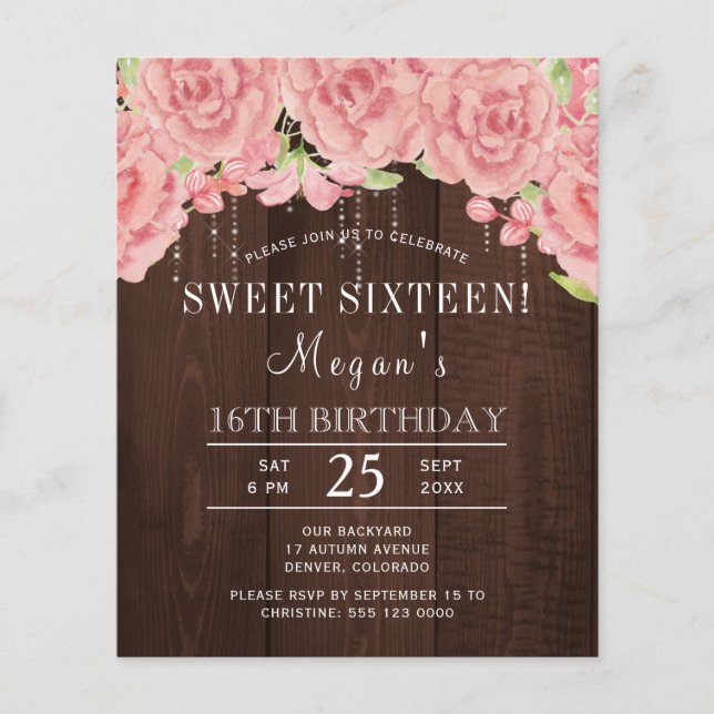Invitation rustique en bois avec fleurs roses pour (Devant)