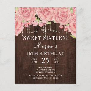Invitation rustique en bois avec fleurs roses pour