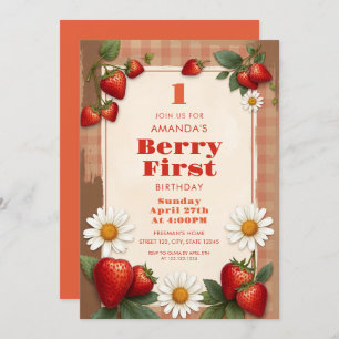 Invitation Rustique En vichy fraises Daisie 1er anniversaire
