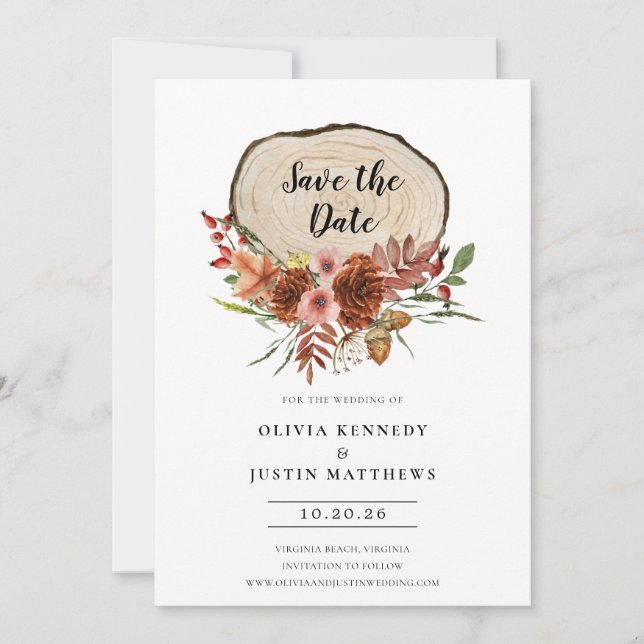 Invitation Rustique Enregistrer la date Automne Floral Bois S (Devant)