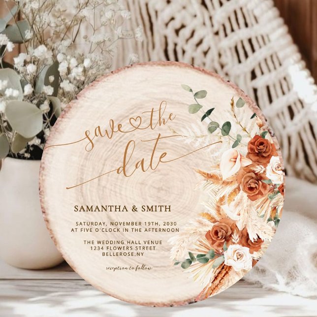 Invitation Rustique Enregistrer la date Round Wood Cut Grain  (Créateur téléchargé)