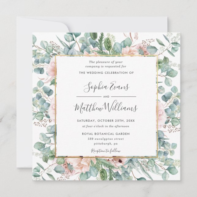 Invitation Rustique Eucalyptus Blush Dusty rose Mariage flora (Devant)