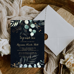 Invitation Rustique Eucalyptus Gold Floral Bleu Sip et voir