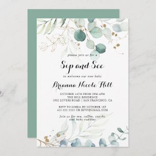 Invitation Rustique Eucalyptus Gold Floral Sip et voir