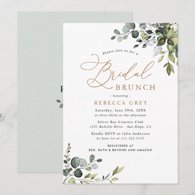 Invitation Rustique Eucalyptus Green Bridal Brunch (Devant / Derrière)