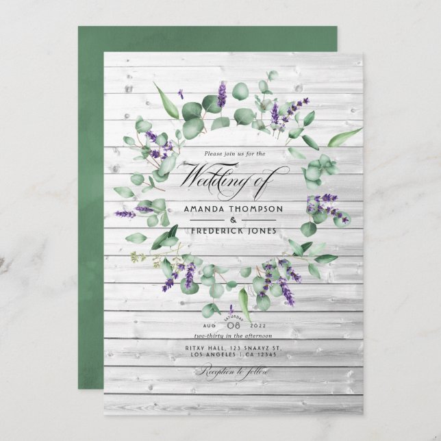 Invitation Rustique Eucalyptus Lavender Pays Mariage de grang (Devant / Derrière)