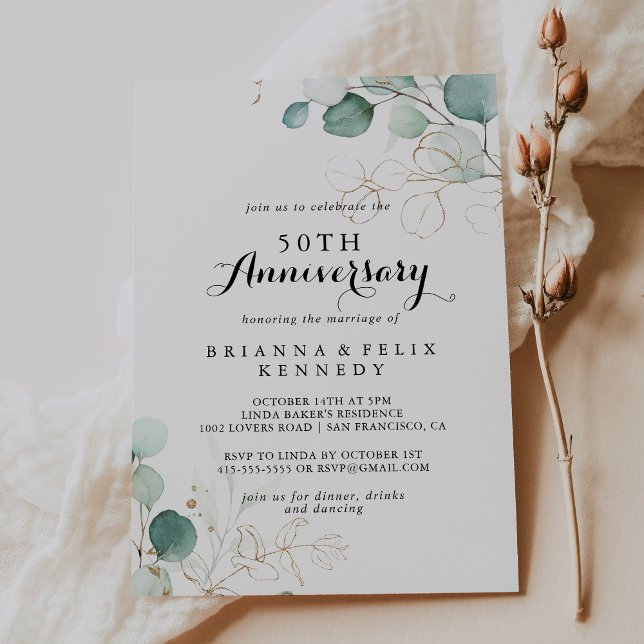 Invitation Rustique Eucalyptus Or 50e Anniversaire de Mariage (Créateur téléchargé)