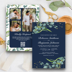 Invitation Rustique Eucalyptus Photo QR Code Marine Mariage b