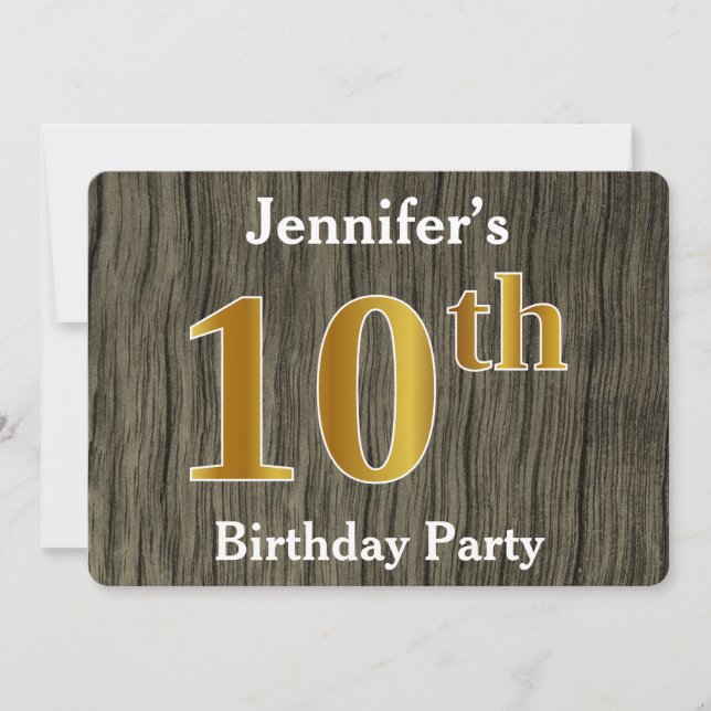 Invitation Rustique, Faux Gold 10th Birthday Party; Nom perso (Devant)