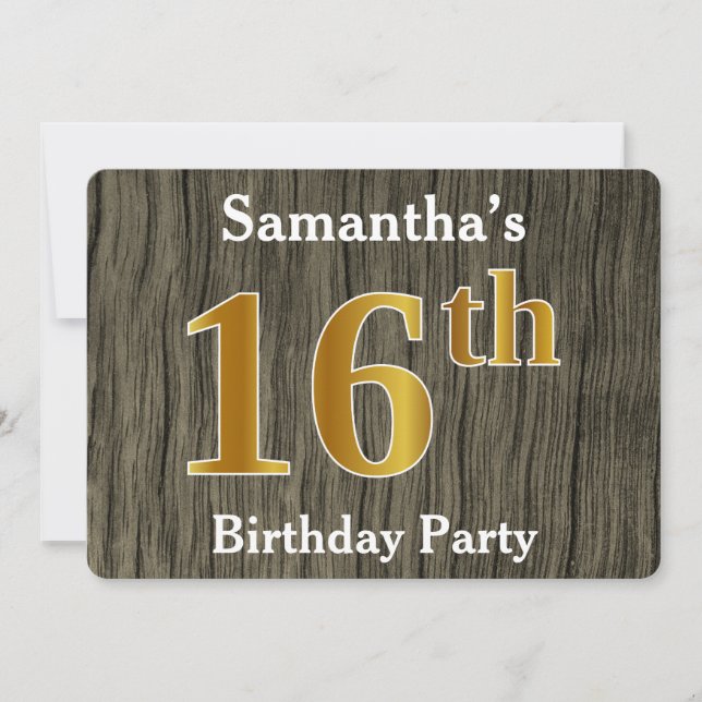 Invitation Rustique, Faux Gold 16e fête d'anniversaire; Nom p (Devant)