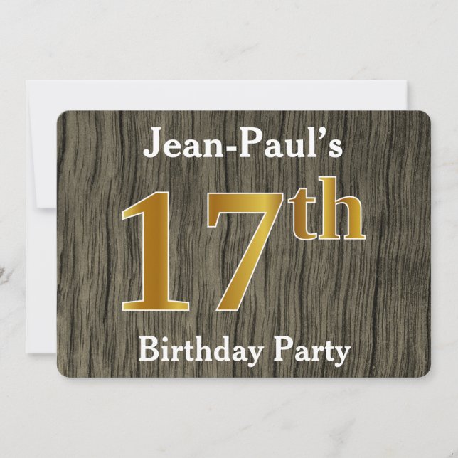 Invitation Rustique, Faux Gold 17th Birthday Party; Nom perso (Devant)