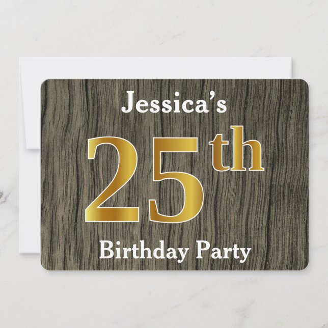 Invitation Rustique, Faux Gold 25th Birthday Party; Nom perso (Devant)
