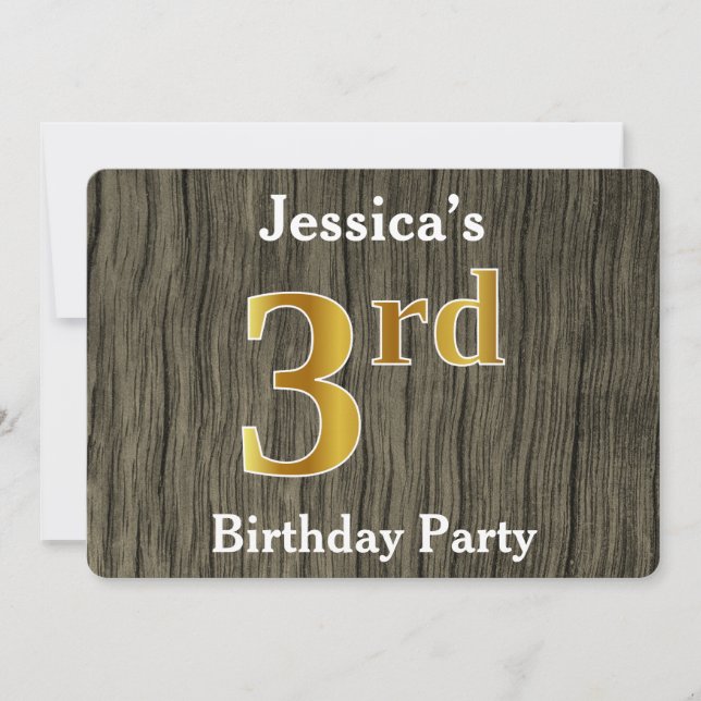 Invitation Rustique, Faux Gold 3e fête d'anniversaire ; Nom p (Devant)