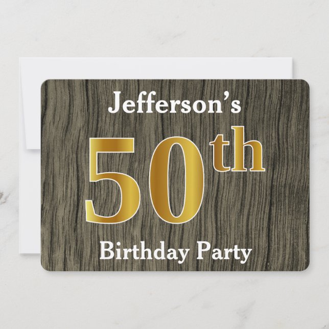Invitation Rustique, Faux Gold 50th Birthday Party; Nom perso (Devant)