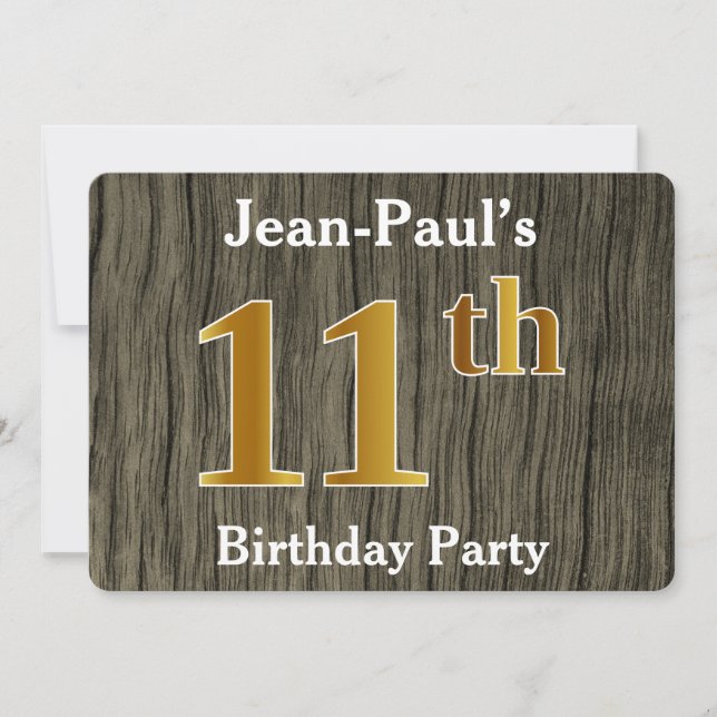 Invitation Rustique, Faux Or Anniversaire 11 Ans; Nom Personn (Devant)
