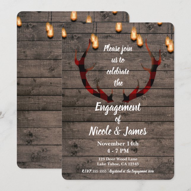 Invitation Rustique Fête de Fiançailles à carreaux de Buffalo (Devant / Derrière)