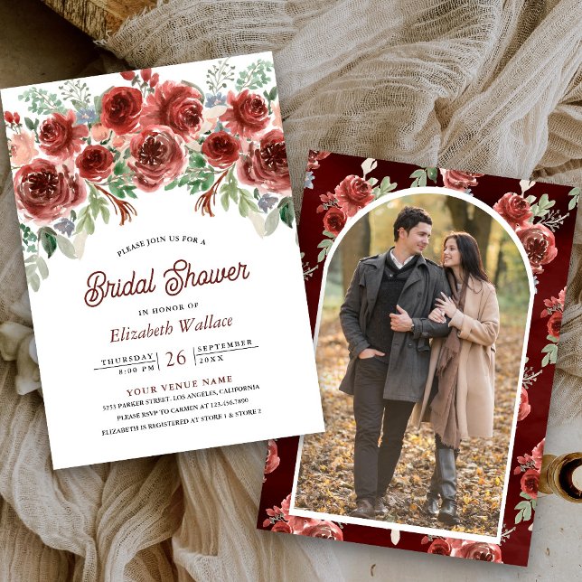 Invitation Rustique Fête de Mariage Florale Photo Marsala (Créateur téléchargé)
