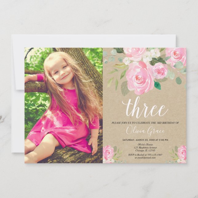 Invitation Rustique fille 3e anniversaire rose blanc (Devant)