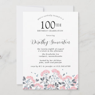 Invitation Rustique Fleur sauvage rose floral 100e fête d'ann