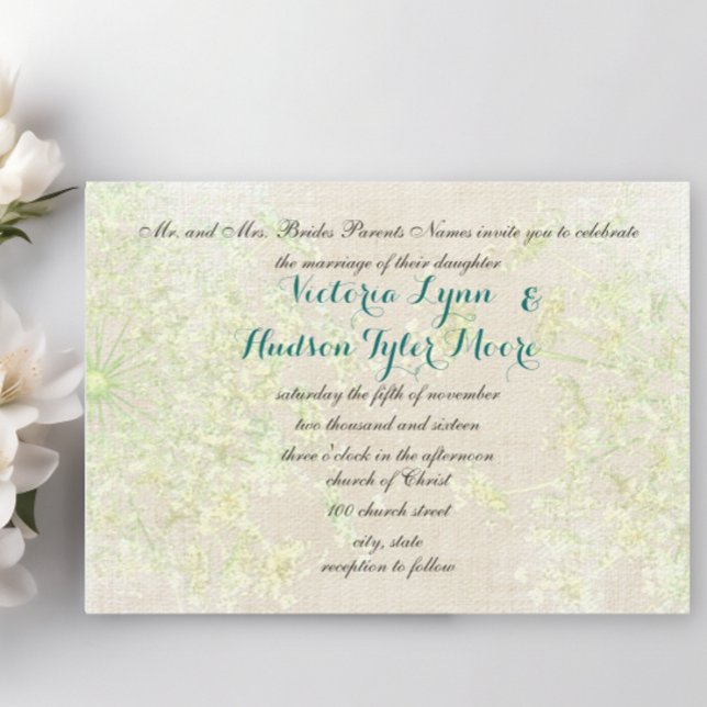 Invitation Rustique Fleur sauvage Vert et Turquoise reine Ann (Créateur téléchargé)