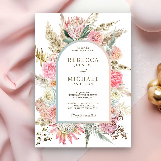 Invitation Rustique Fleurs Rose Pâle Bohème Herbe de Pampas M (Créateur téléchargé)