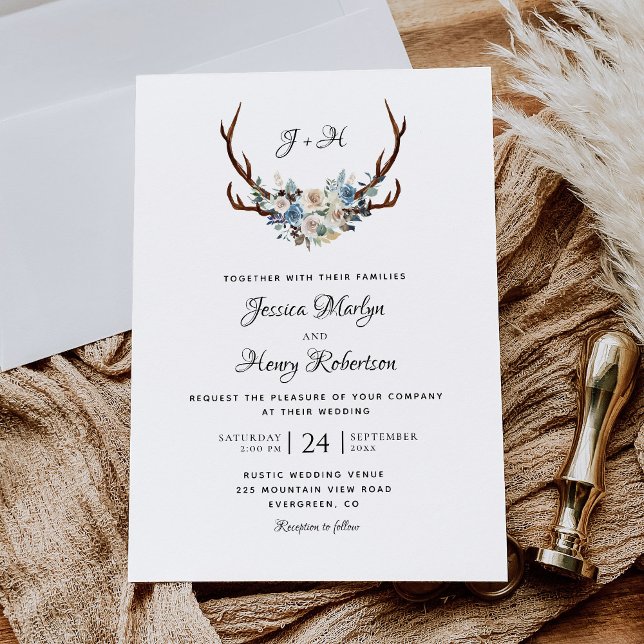 Invitation Rustique Floral Antlers Mariage élégant (Créateur téléchargé)