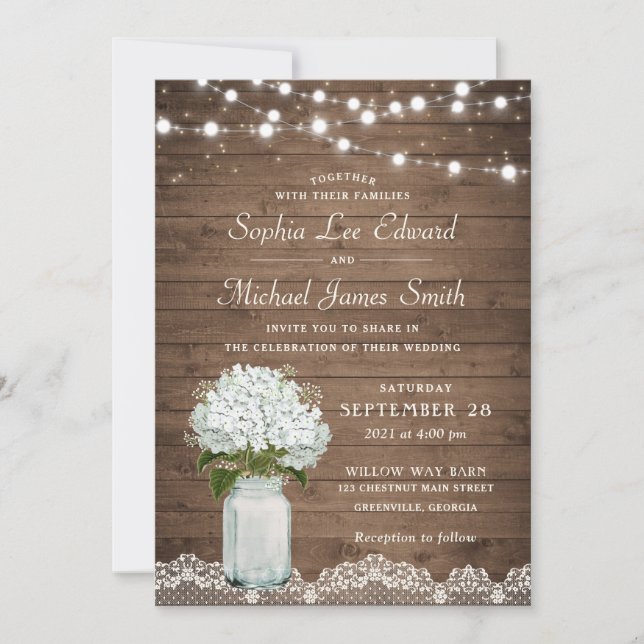 Invitation Rustique Floral Blanc Hydrangea Mason Jar Lace Lum (Devant)