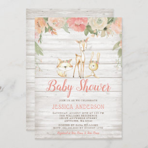 Invitation Rustique Floral Bois Animaux Fille Baby shower