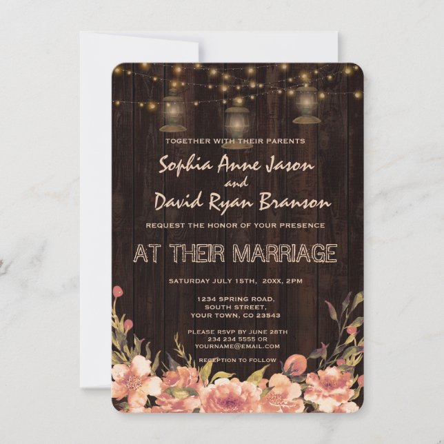 Invitation Rustique Floral Bois Vieux Lanternes Mariage Invit (Devant)