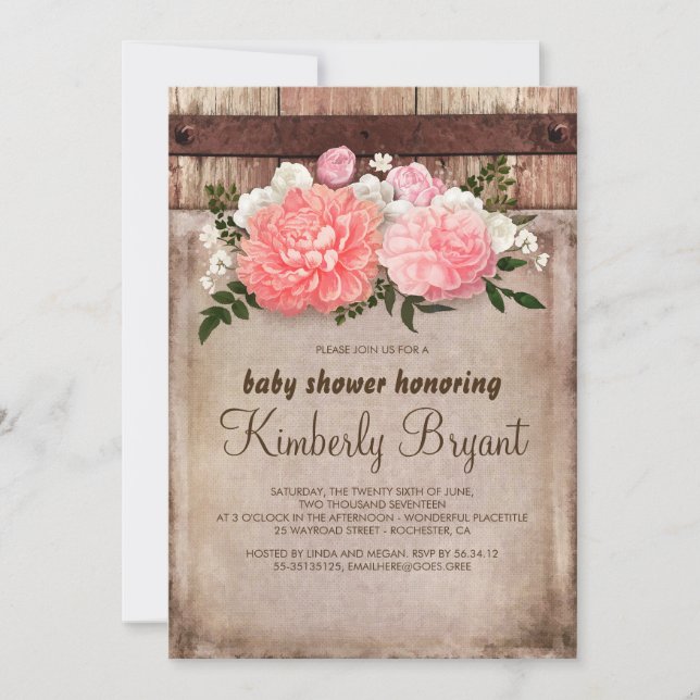 Invitation Rustique Floral Burlap Grange Baby shower en bois (Devant)
